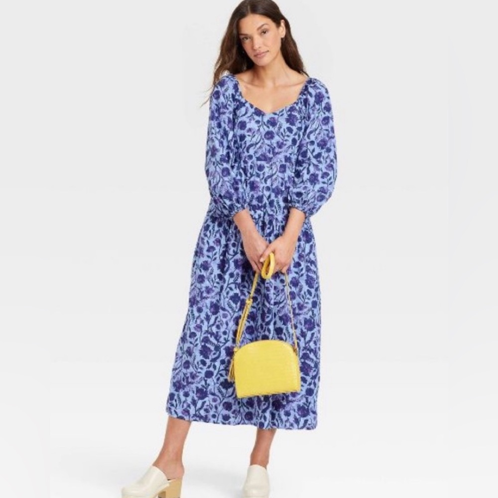 Blue Floral Midi Dress with Balloon Sleeves